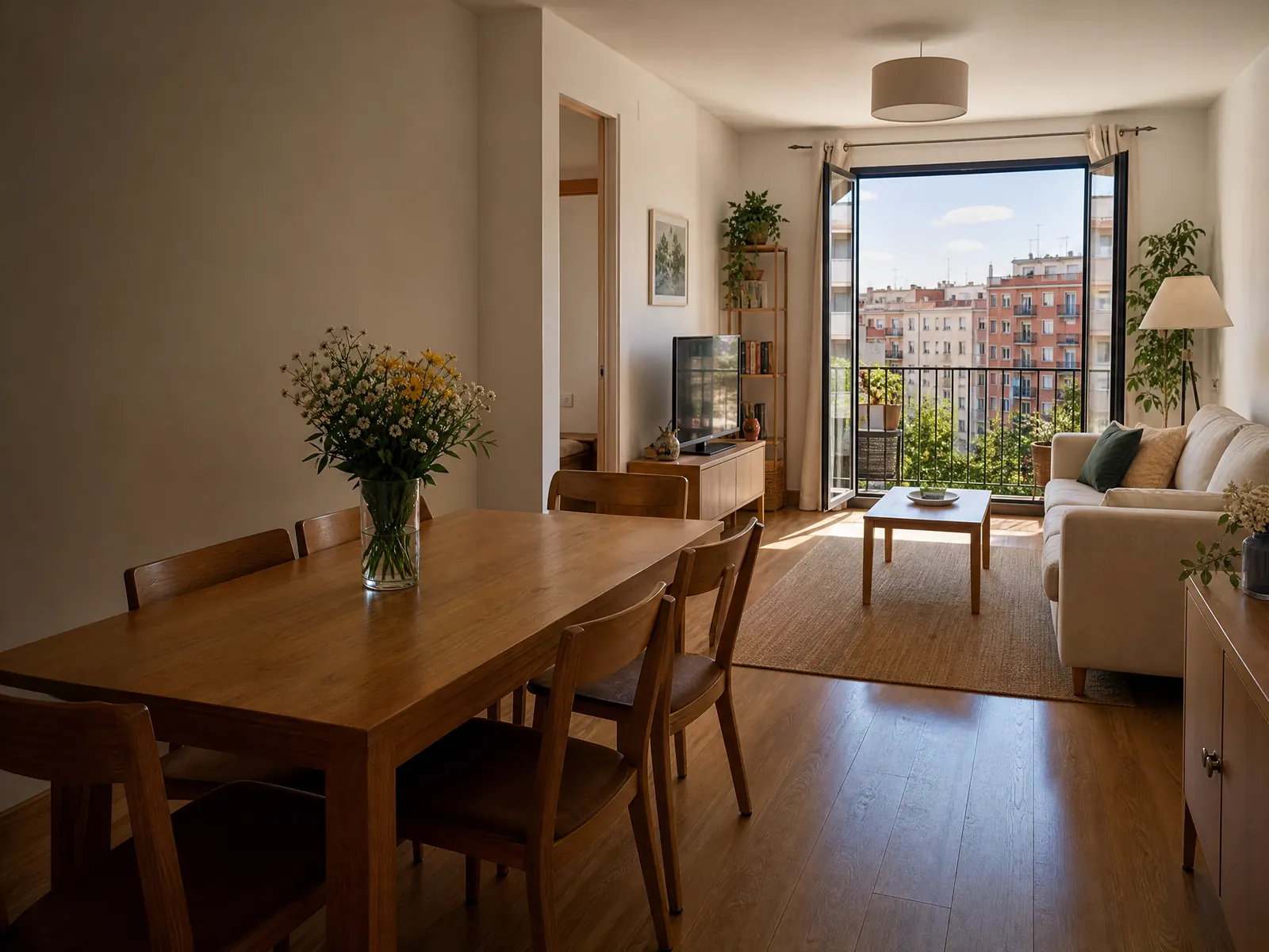 Salón luminoso preparado para presentar una vivienda en venta
